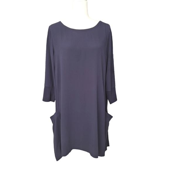 Eileen Fisher Blue 100% Silk Tunic Georgette Dress With Pockets 3/4 Slee… - Picture 2 of 9